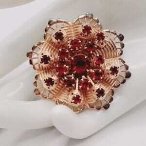Vintage Gold Tone Filigree Brooch with Red Rhinestones 1.75" Floral